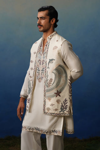 Aqua Ivory V Neck Kurta Jacket Set with Pants