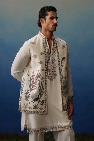 Aqua Ivory V Neck Kurta Jacket Set with Pants