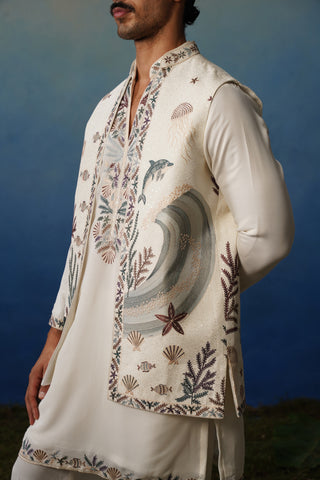 Aqua Ivory V Neck Kurta Jacket Set with Pants