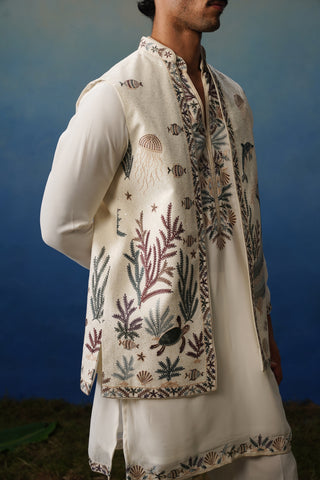 Aqua Ivory V Neck Kurta Jacket Set with Pants