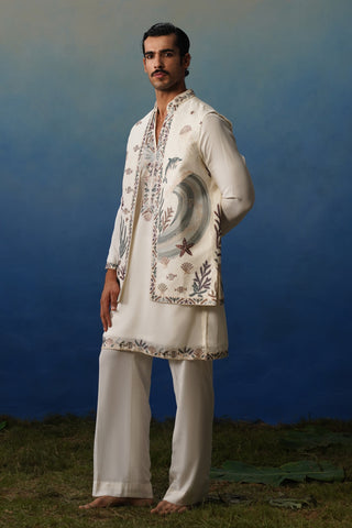 Aqua Ivory V Neck Kurta Jacket Set with Pants