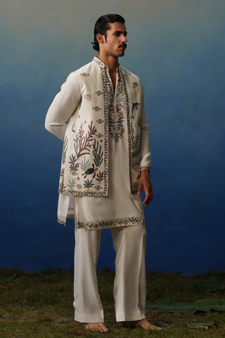 Aqua Ivory V Neck Kurta Jacket Set with Pants