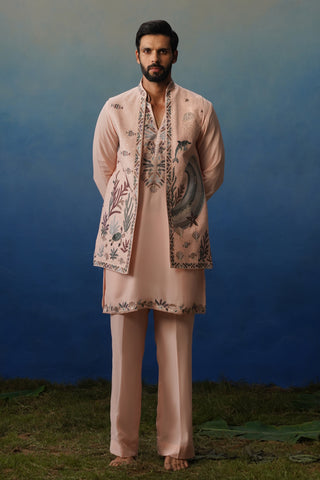 Aqua Pink V Neck Kurta Jacket Set with Pants