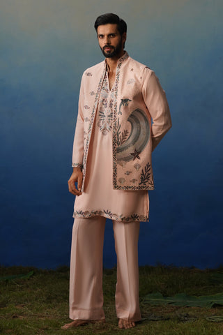 Aqua Pink V Neck Kurta Jacket Set with Pants