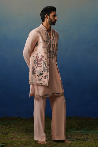 Aqua Pink V Neck Kurta Jacket Set with Pants