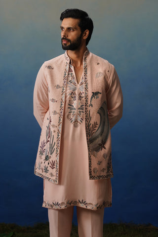 Aqua Pink V Neck Kurta Jacket Set with Pants