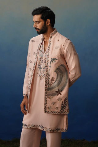 Aqua Pink V Neck Kurta Jacket Set with Pants