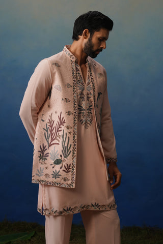 Aqua Pink V Neck Kurta Jacket Set with Pants