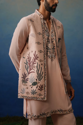 Aqua Pink V Neck Kurta Jacket Set with Pants