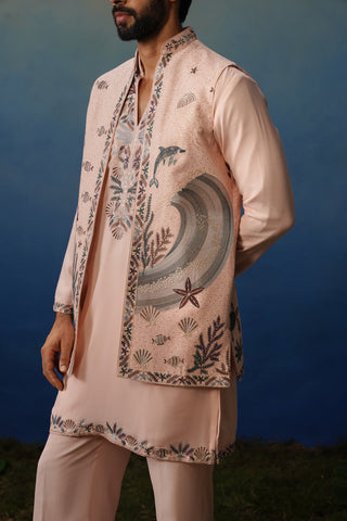 Aqua Pink V Neck Kurta Jacket Set with Pants