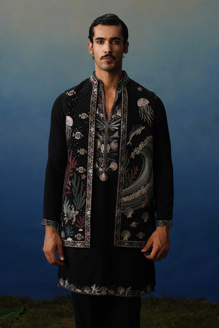 Aqua Black V Neck Kurta Jacket Set with Pants