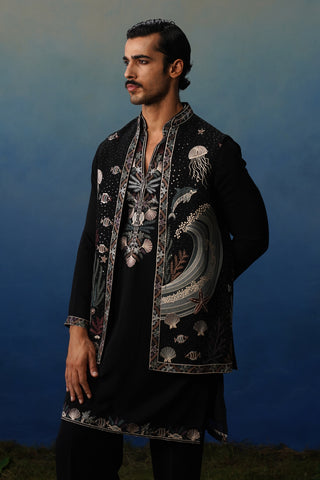 Aqua Black V Neck Kurta Jacket Set with Pants