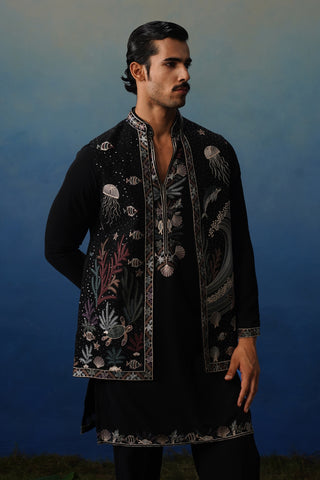 Aqua Black V Neck Kurta Jacket Set with Pants