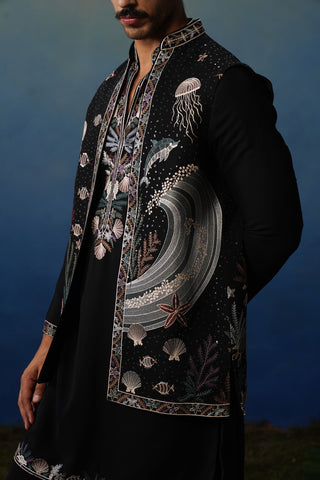 Aqua Black V Neck Kurta Jacket Set with Pants