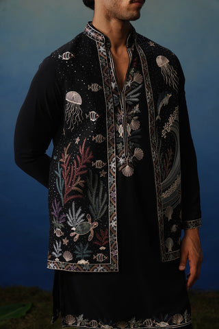 Aqua Black V Neck Kurta Jacket Set with Pants