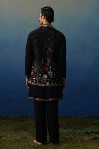 Aqua Black V Neck Kurta Jacket Set with Pants