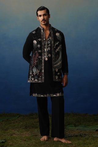Aqua Black V Neck Kurta Jacket Set with Pants
