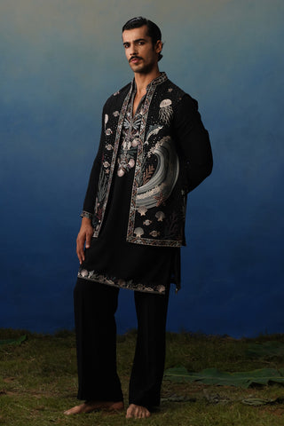 Aqua Black V Neck Kurta Jacket Set with Pants