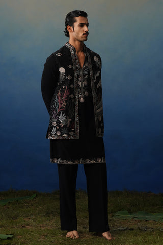 Aqua Black V Neck Kurta Jacket Set with Pants