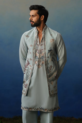 Aqua Sky Blue V Neck Kurta Jacket Set with Pants