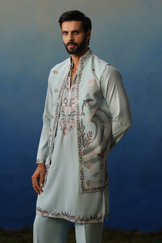 Aqua Sky Blue V Neck Kurta Jacket Set with Pants
