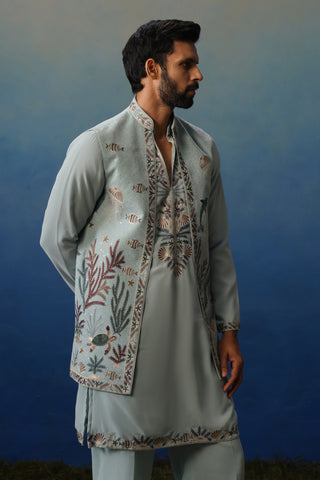 Aqua Sky Blue V Neck Kurta Jacket Set with Pants