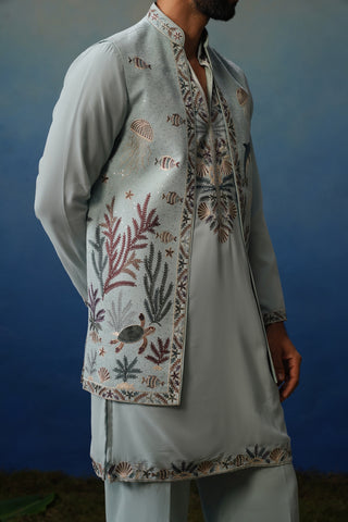 Aqua Sky Blue V Neck Kurta Jacket Set with Pants