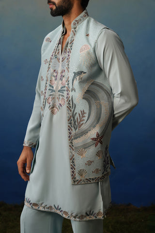 Aqua Sky Blue V Neck Kurta Jacket Set with Pants