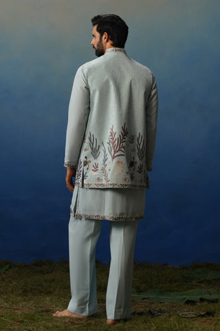 Aqua Sky Blue V Neck Kurta Jacket Set with Pants