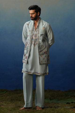 Aqua Sky Blue V Neck Kurta Jacket Set with Pants
