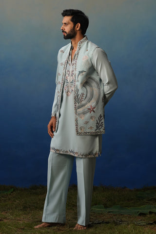 Aqua Sky Blue V Neck Kurta Jacket Set with Pants