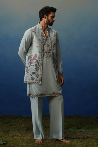 Aqua Sky Blue V Neck Kurta Jacket Set with Pants