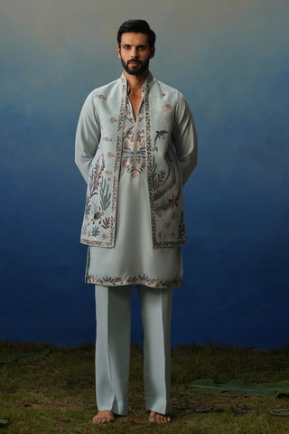Aqua Sky Blue V Neck Kurta Jacket Set with Pants