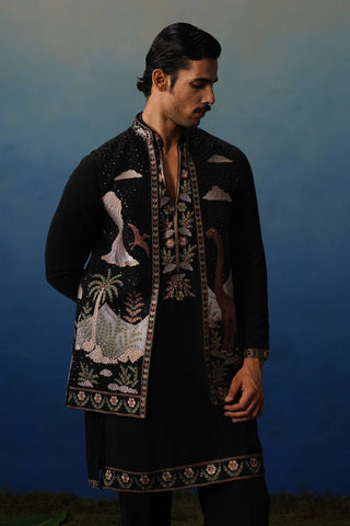 Dino Black V Neck Kurta Jacket Set with Pants