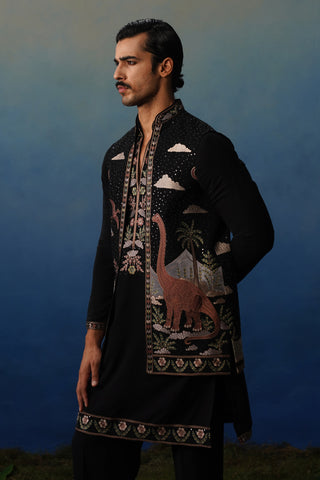 Dino Black V Neck Kurta Jacket Set with Pants