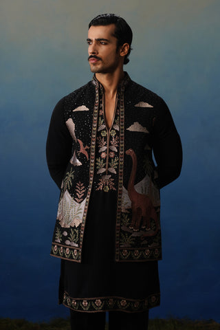 Dino Black V Neck Kurta Jacket Set with Pants