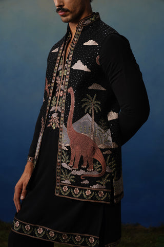 Dino Black V Neck Kurta Jacket Set with Pants