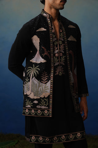 Dino Black V Neck Kurta Jacket Set with Pants