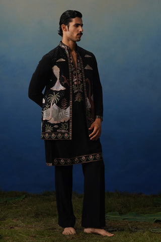 Dino Black V Neck Kurta Jacket Set with Pants