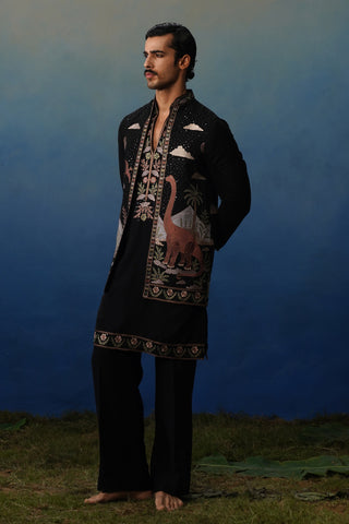Dino Black V Neck Kurta Jacket Set with Pants