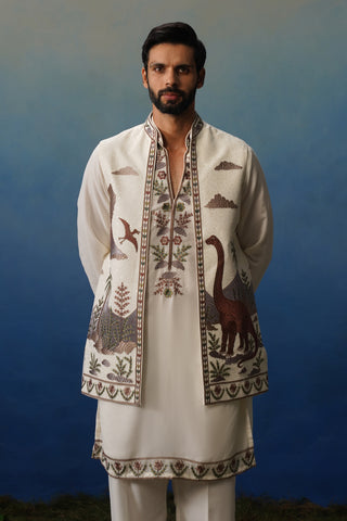 Dino Ivory V Neck Kurta Jacket Set with Pants