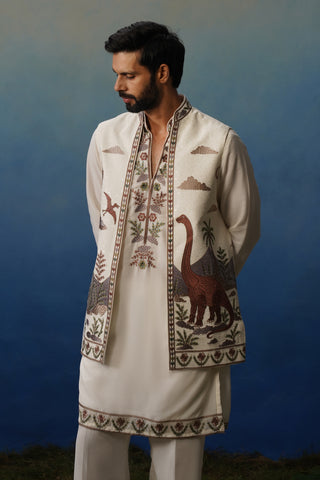Dino Ivory V Neck Kurta Jacket Set with Pants