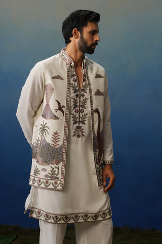 Dino Ivory V Neck Kurta Jacket Set with Pants