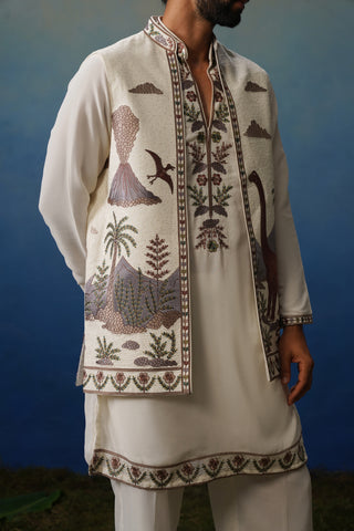 Dino Ivory V Neck Kurta Jacket Set with Pants