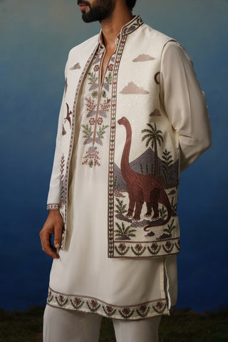 Dino Ivory V Neck Kurta Jacket Set with Pants