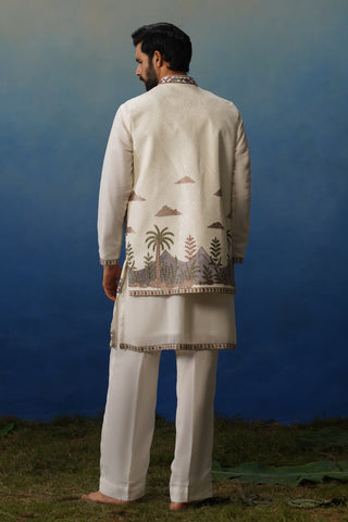 Dino Ivory V Neck Kurta Jacket Set with Pants