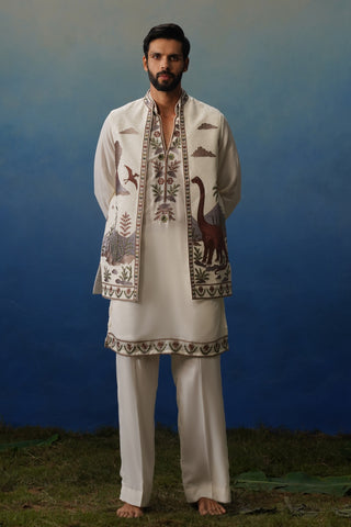 Dino Ivory V Neck Kurta Jacket Set with Pants