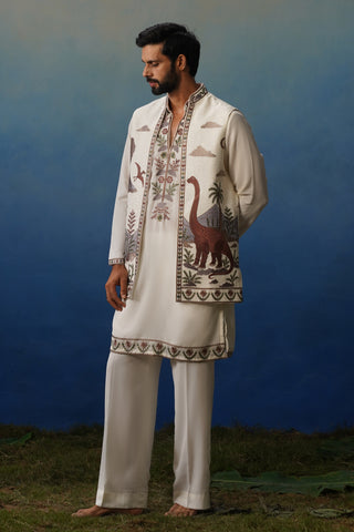 Dino Ivory V Neck Kurta Jacket Set with Pants