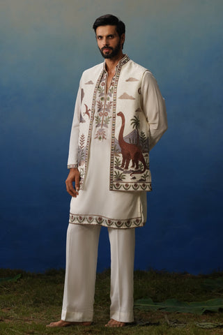 Dino Ivory V Neck Kurta Jacket Set with Pants