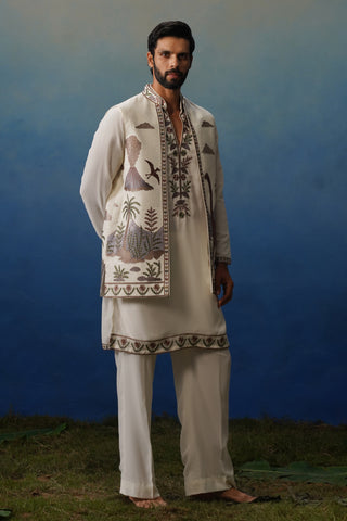 Dino Ivory V Neck Kurta Jacket Set with Pants
